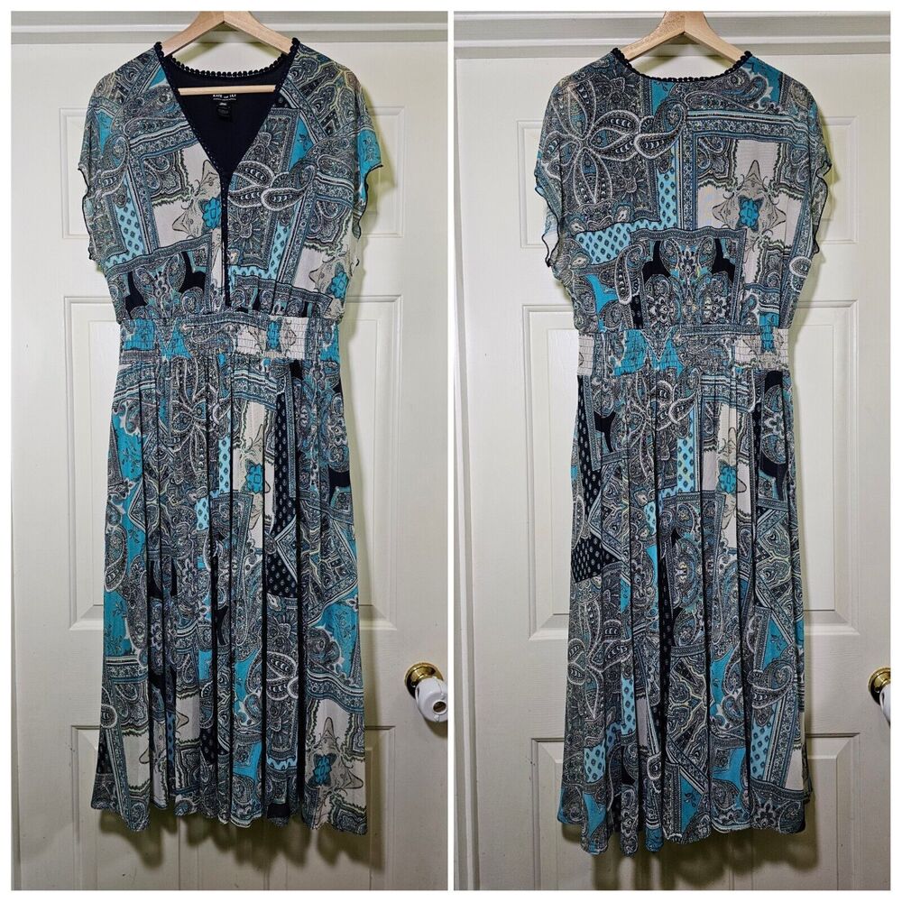 Kate & Lily Woman Sea Green Blue Paisley Overlay Flowy Boho Maxi Dress 18W